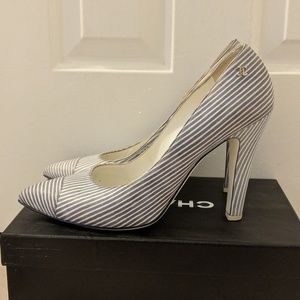 CHANEL blue and white pumps